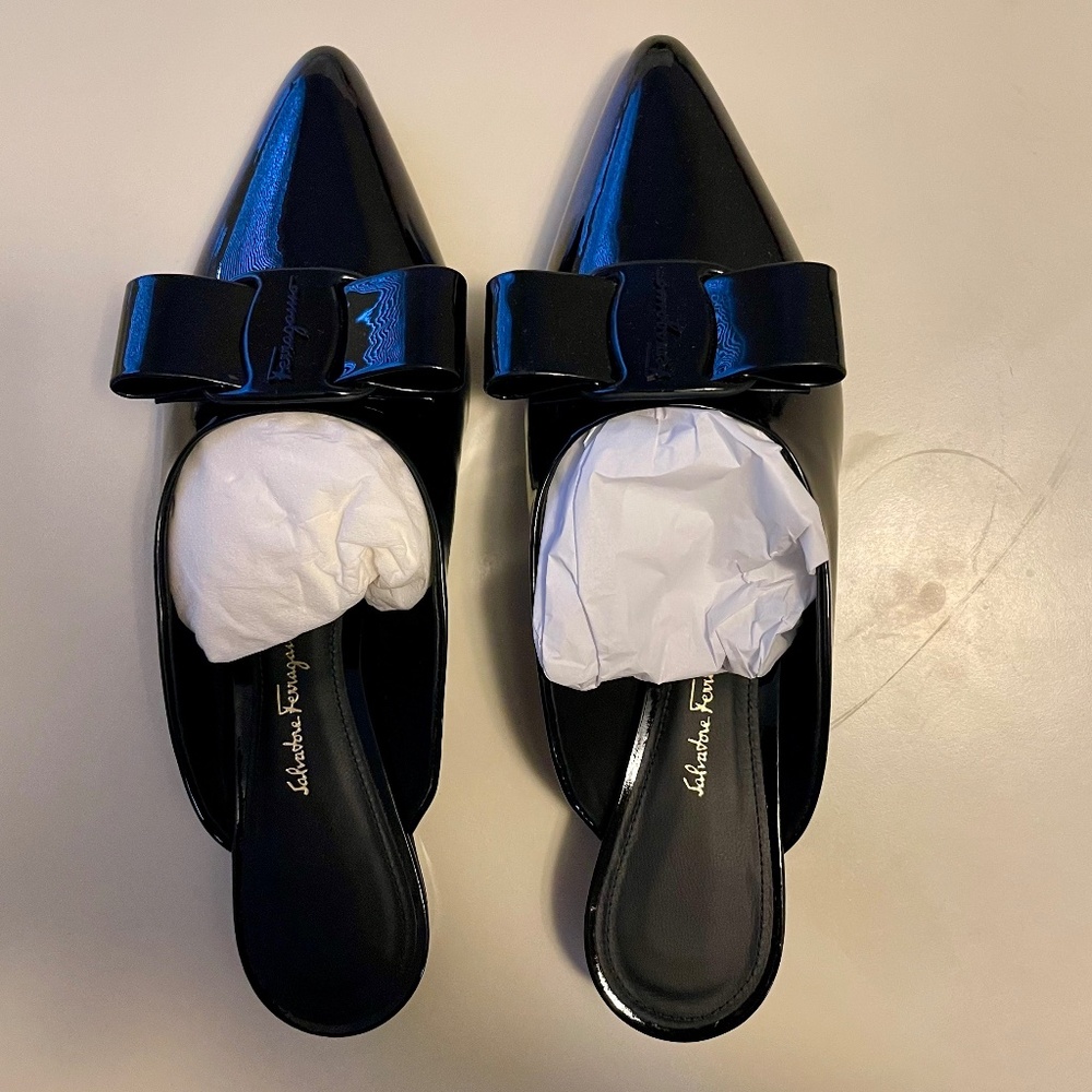 Salvatore Ferragamo Black Patent Leather Mules